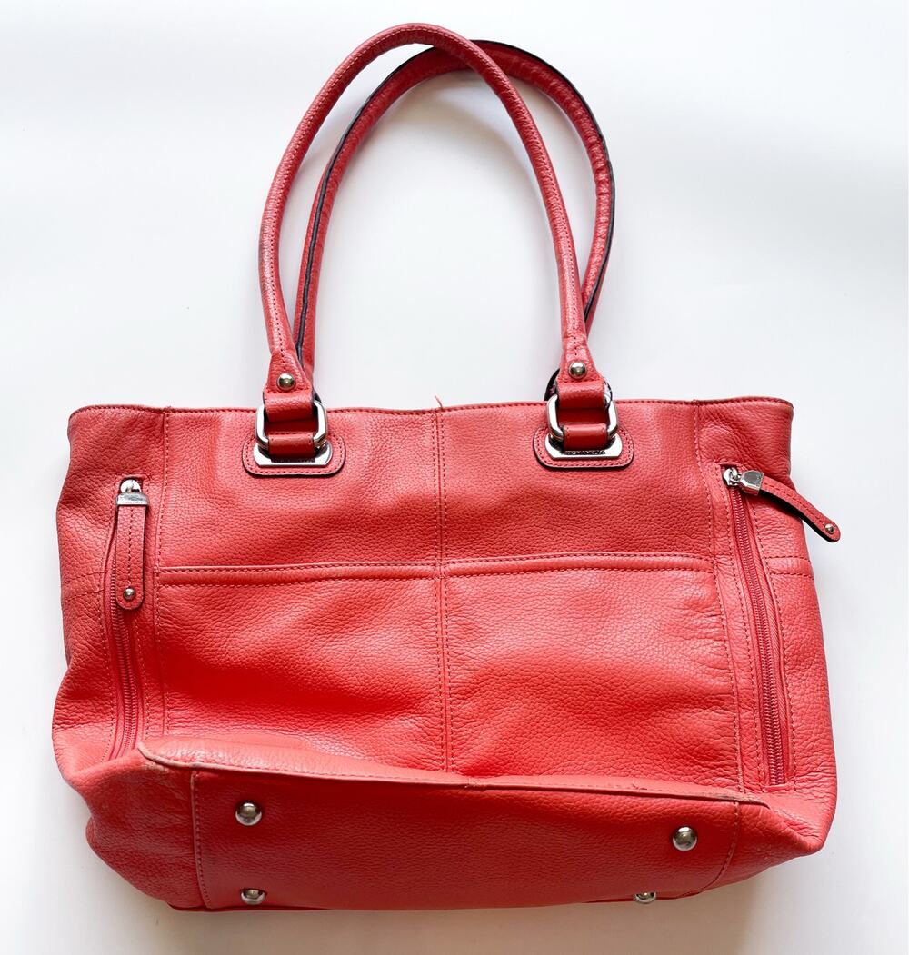 Tignanello Coral Orange Pebbled Leather Shoulder Tote Bag with Striped Lining